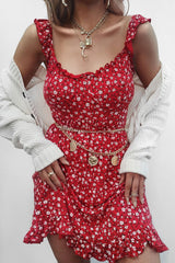 Red Floral Print Ruffle Dress - Linda-Dresses