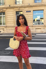 Red Floral Print Ruffle Dress - Linda-Dresses