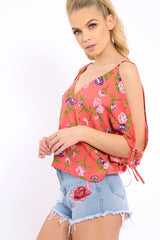 Red Floral Print V-Neck Tie Cold Shoulder Top - Arielle-Tops