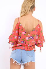 Red Floral Print V-Neck Tie Cold Shoulder Top - Arielle-Tops