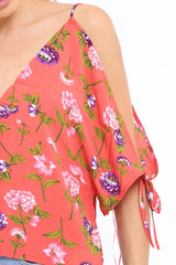 Red Floral Print V-Neck Tie Cold Shoulder Top - Arielle-Tops