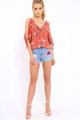 Red Floral Print V-Neck Tie Cold Shoulder Top - Arielle-Tops