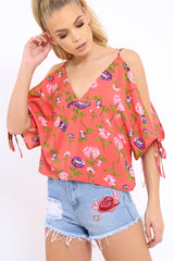 Red Floral Print V-Neck Tie Cold Shoulder Top - Arielle-Tops