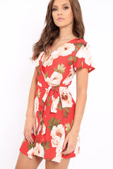 Red Floral Print Wrap Dress - Norie-Dresses