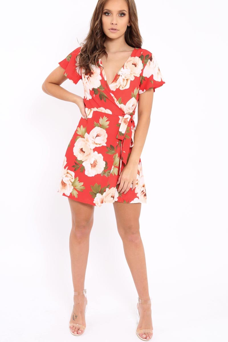 Red Floral Print Wrap Dress - Norie-Dresses