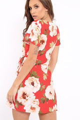 Red Floral Print Wrap Dress - Norie-Dresses