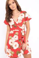 Red Floral Print Wrap Dress - Norie-Dresses