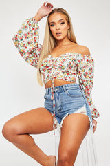 Red Floral Ruched Centre Bardot Crop Top - Heily-Crop Tops
