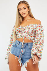 Red Floral Ruched Centre Bardot Crop Top - Heily-Crop Tops