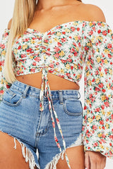 Red Floral Ruched Centre Bardot Crop Top - Heily-Crop Tops