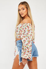 Red Floral Ruched Centre Bardot Crop Top - Heily-Crop Tops