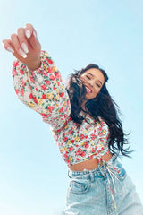 Red Floral Ruched Centre Bardot Crop Top - Heily-Crop Tops