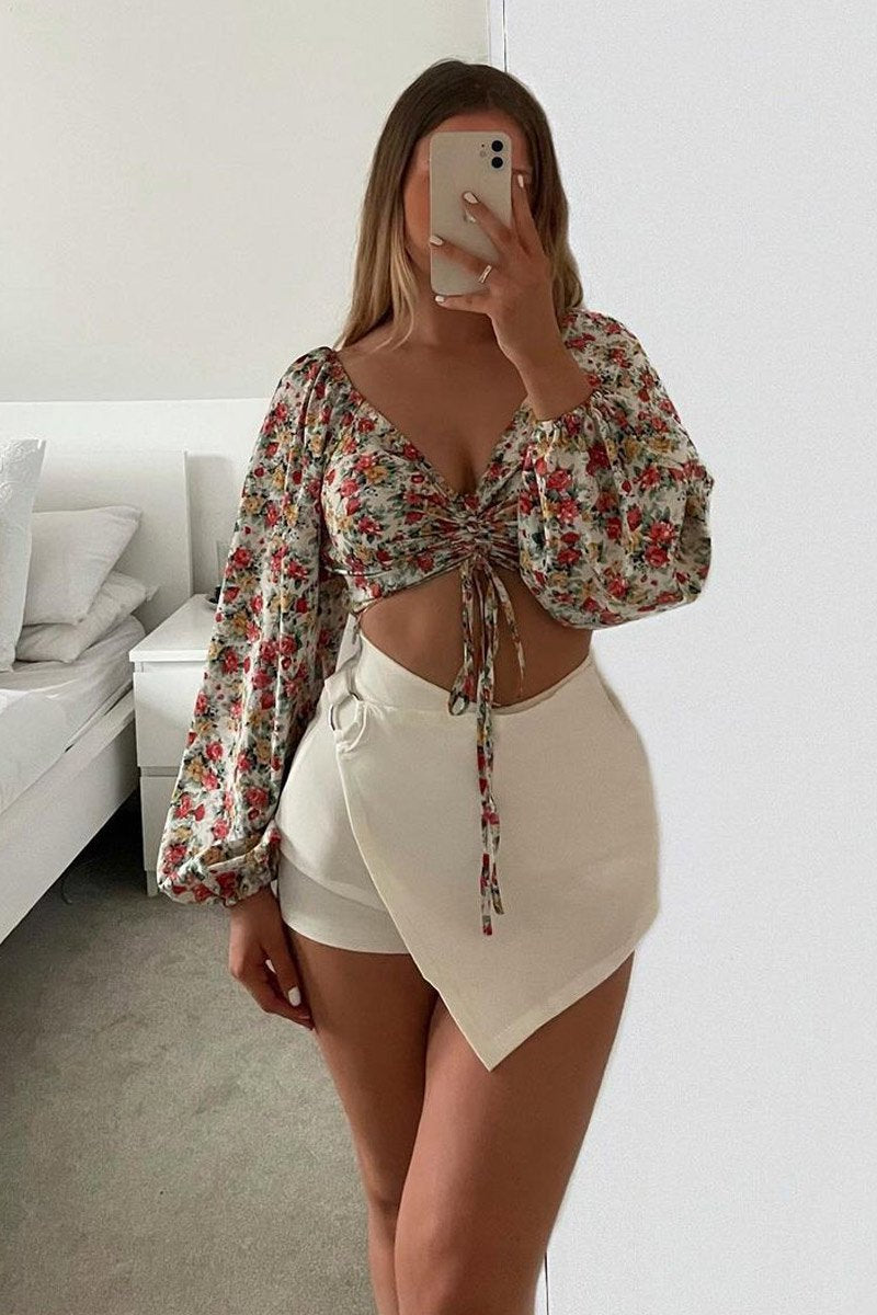 Red Floral Ruched Centre Bardot Crop Top - Heily-Crop Tops