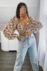 Red Floral Ruched Centre Bardot Crop Top - Heily-Crop Tops