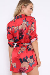 Red Floral Satin Shirt Tie Dress - Sophina-Dresses