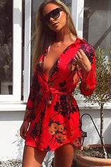 Red Floral Satin Shirt Tie Dress - Sophina-Dresses