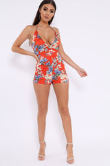 Red Floral Silky Cross Over Halterneck Playsuit - Jamari-Playsuits