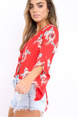 Red Floral Tie Crop Blouse - Floy-Tops