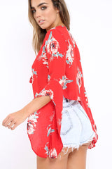 Red Floral Tie Crop Blouse - Floy-Tops