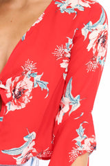 Red Floral Tie Crop Blouse - Floy-Tops