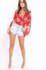 Red Floral Tie Crop Blouse - Floy-Tops