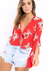 Red Floral Tie Crop Blouse - Floy-Tops