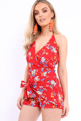 Red Floral Tie Front Cami Playsuit - Franky-Playsuits