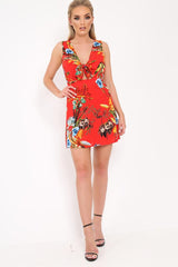 Red Floral Tie Front Dress - Daylen-Dresses
