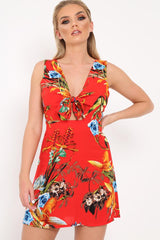 Red Floral Tie Front Dress - Daylen-Dresses
