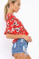 Red Floral V Neck Top with Frills - Rubye-Tops
