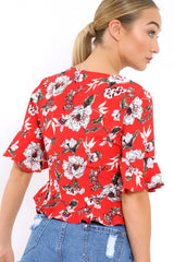 Red Floral V Neck Top with Frills - Rubye-Tops