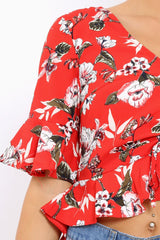 Red Floral V Neck Top with Frills - Rubye-Tops