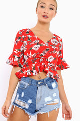 Red Floral V Neck Top with Frills - Rubye-Tops
