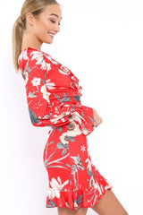 Red Floral Wrap Mini Dress with Frills - Maleigh-Dresses