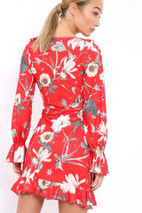 Red Floral Wrap Mini Dress with Frills - Maleigh-Dresses