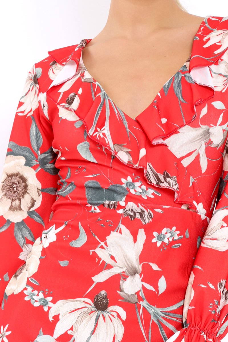 Red Floral Wrap Mini Dress with Frills - Maleigh-Dresses