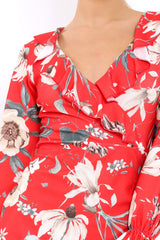 Red Floral Wrap Mini Dress with Frills - Maleigh-Dresses