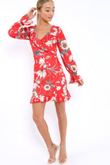 Red Floral Wrap Mini Dress with Frills - Maleigh-Dresses