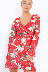 Red Floral Wrap Mini Dress with Frills - Maleigh-Dresses
