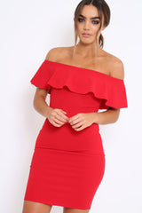 Red Frill Bardot Midi Dress - Bridget-Dresses