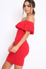 Red Frill Bardot Midi Dress - Bridget-Dresses