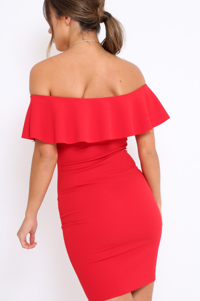 Red Frill Bardot Midi Dress - Bridget-Dresses