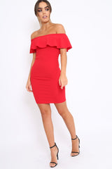 Red Frill Bardot Midi Dress - Bridget-Dresses