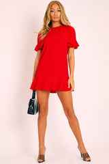 Red Frill Detail Peplum Dress - Birda-Dresses