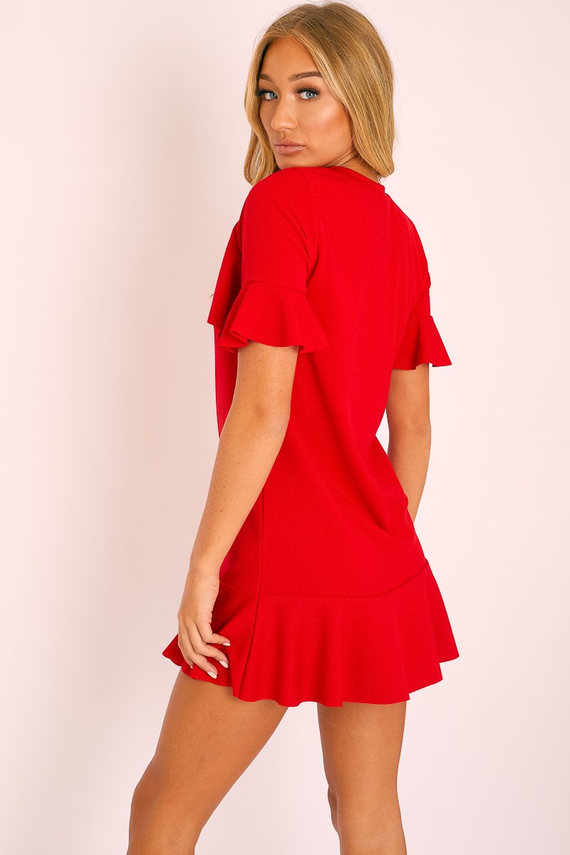 Red Frill Detail Peplum Dress - Birda-Dresses