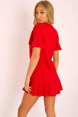 Red Frill Detail Peplum Dress - Birda-Dresses