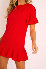 Red Frill Detail Peplum Dress - Birda-Dresses