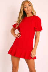Red Frill Detail Peplum Dress - Birda-Dresses