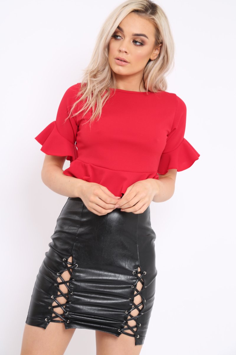 Red Frill Hem Crop Top - Iyannah-Tops
