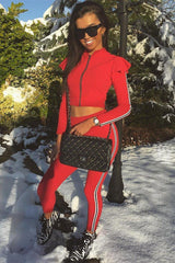 Red Frill Hem Sports Trim Tracksuit - Breanna-Loungewear